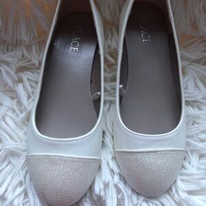 Girls Flat Dress Shoes White Patent Leather Size 1 Childrens Place Glitter Front